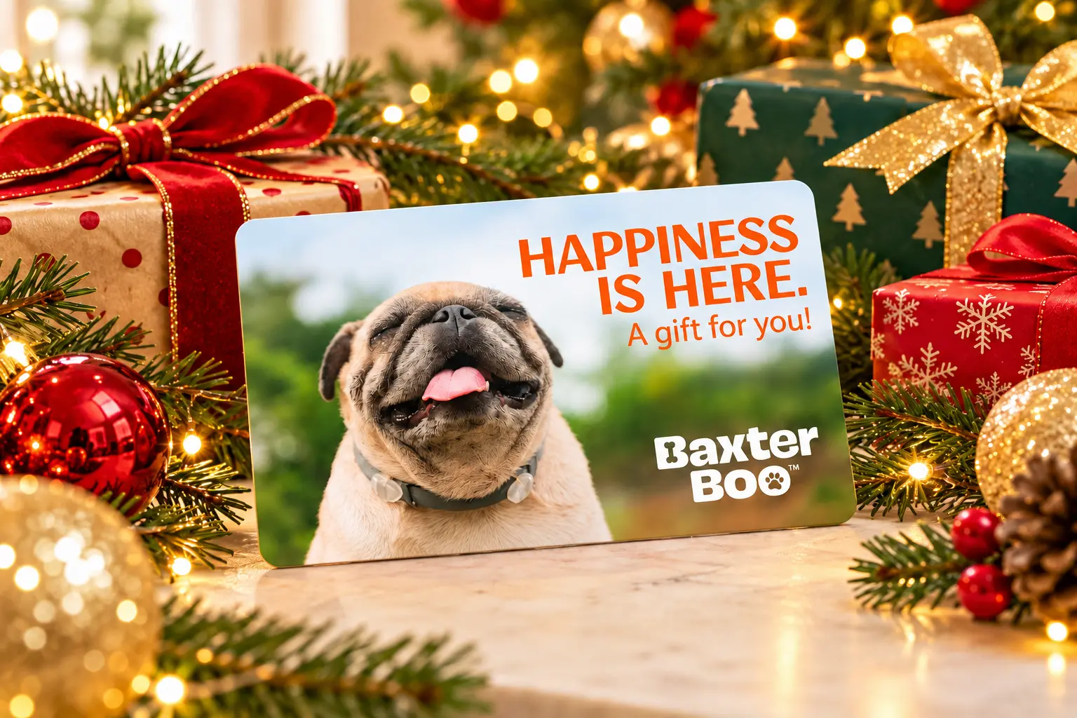 BaxterBoo gift card surrounded by festive Christmas decorations
