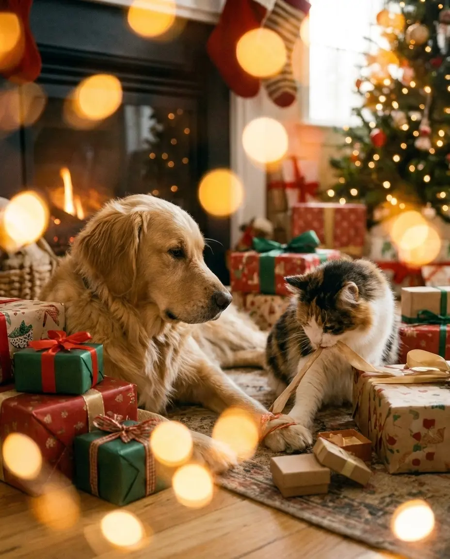 Dog and cat celebrating Christmas with festive pet gifts
