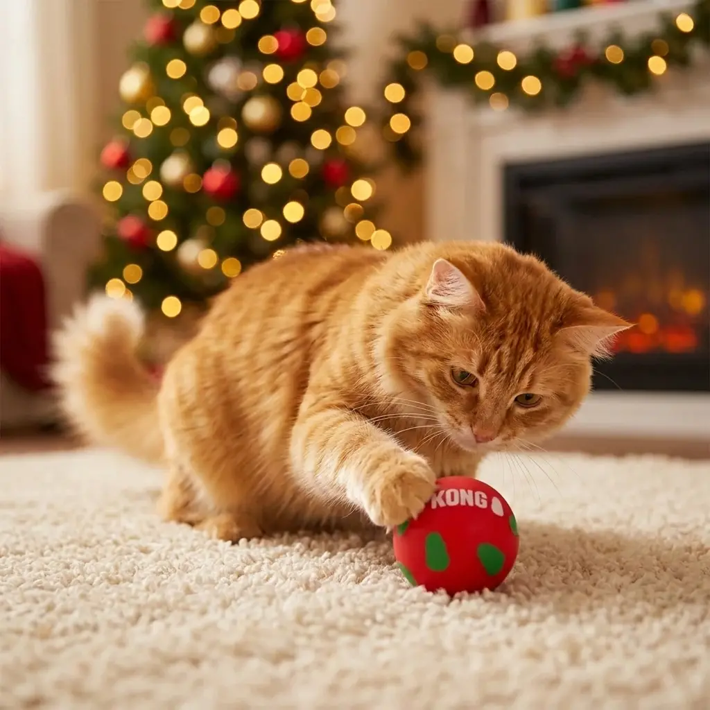 Cat sitting beside wrapped Christmas gifts