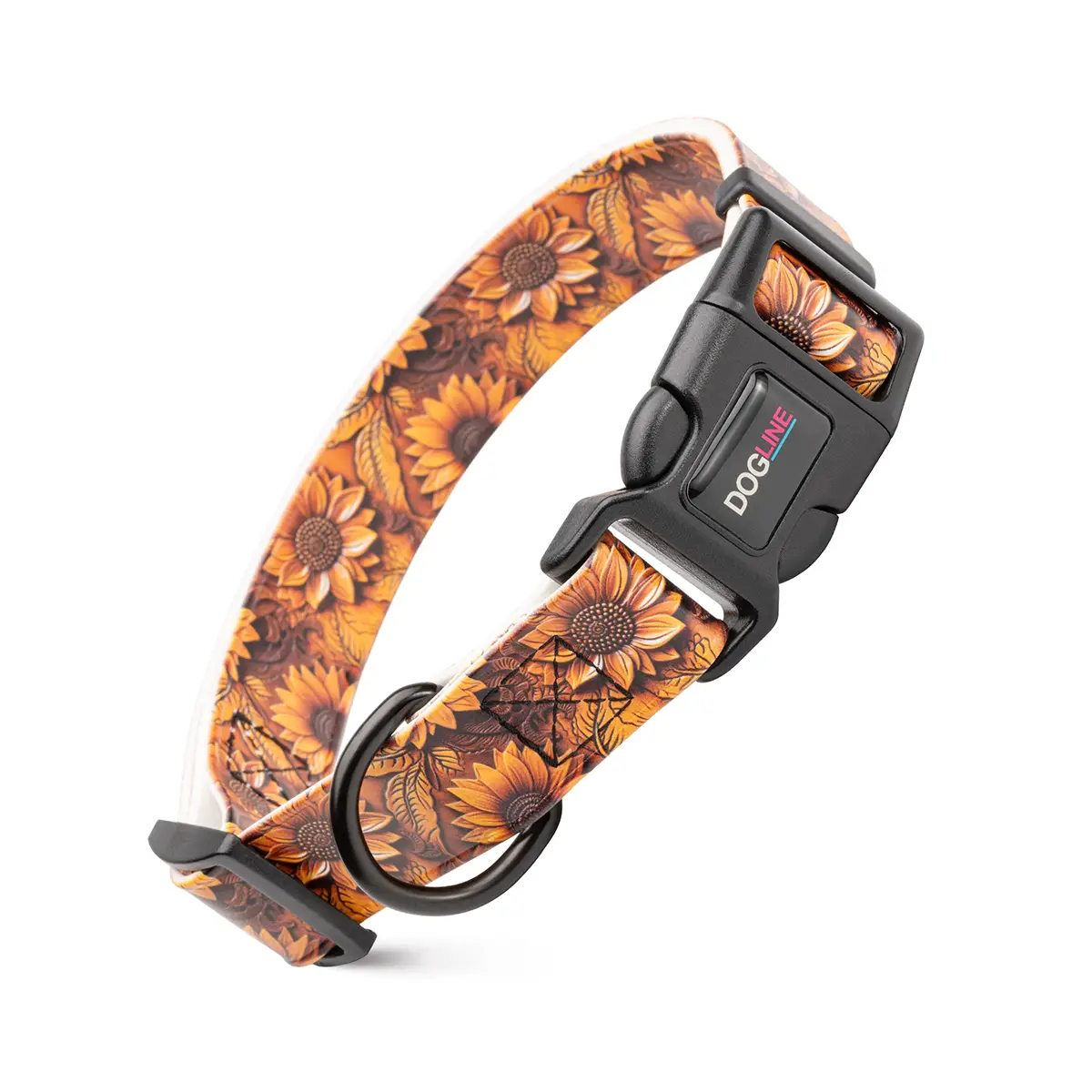 Dogline Biothane Waterproof Printed Adjustable Dog Collar - Carved Leather Sunflowers