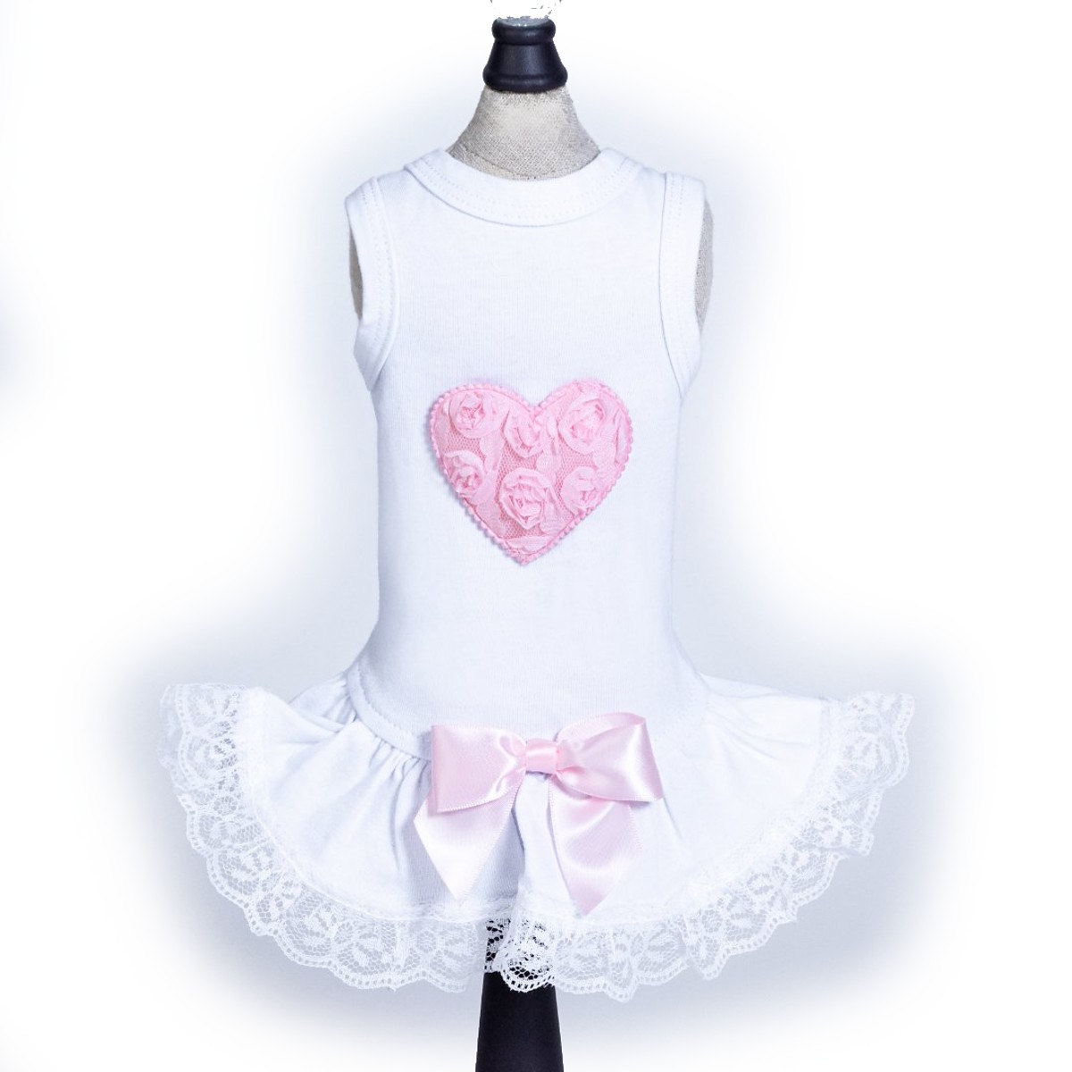 Hello Doggie Lacey Puff Heart Dog Dress - Light Pink & White