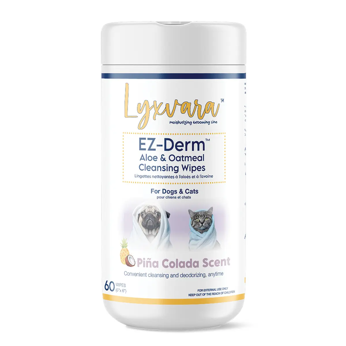 Lyxvara EZ-DermÂ® Aloe and Oatmeal Cleansing Wipes for Dogs and Cats - PiÃ±a Colada Scent