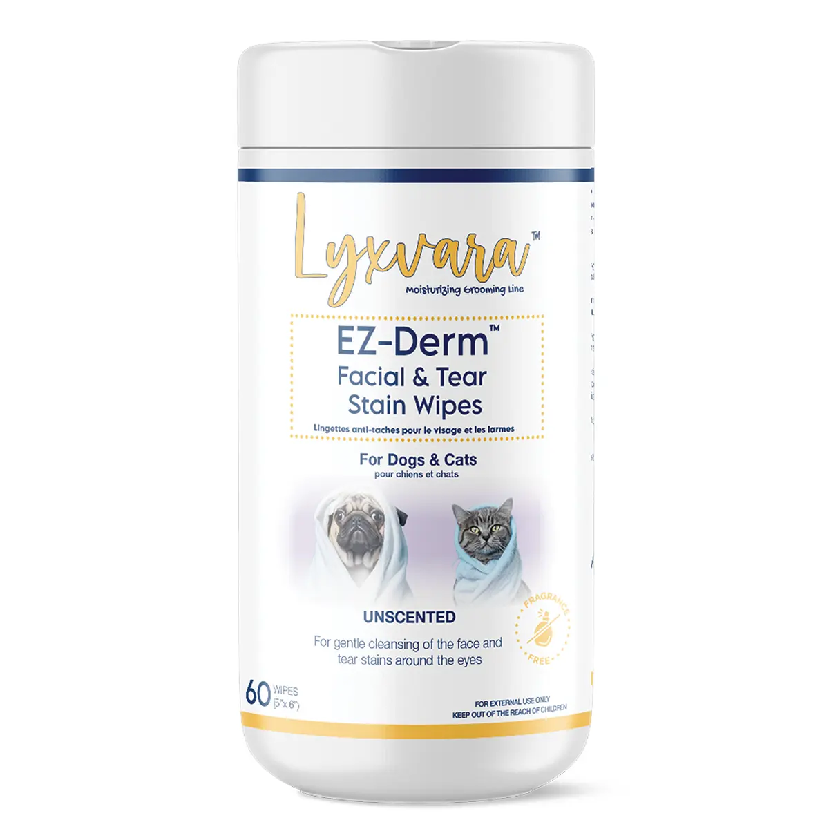 Lyxvara EZ-DermÂ® Facial and Tear Stain Wipes for Dogs and Cats - Unscented