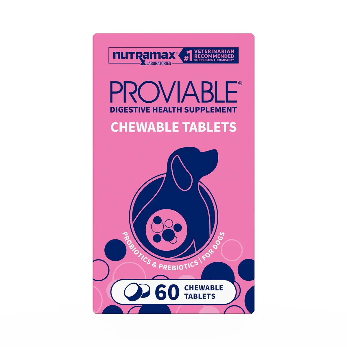 Nutramax Proviable Digestive Health Supplement Multi-Strain Probiotics and Prebiotics for Dogs, With 7-Strains of Bacteria, 60 Chewable Tablets