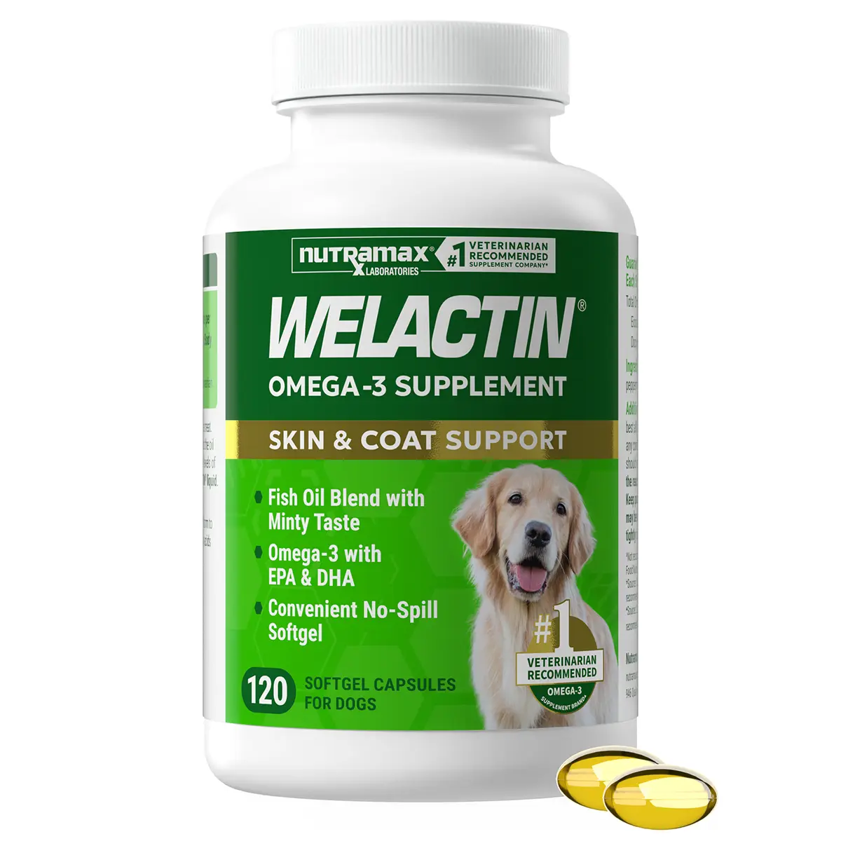 Nutramax Welactin Canine Softgels, Omega 3 Supplement for Dogs of all Sizes, Softgels, 120 Count