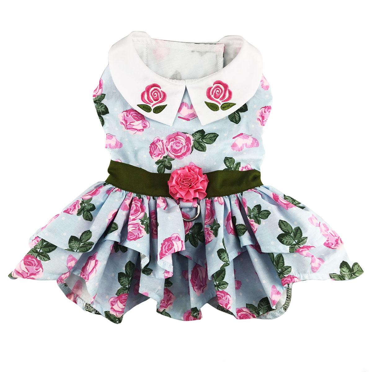 Pink Rose Dog Harness Dress with Matching Leash by Doggie Design