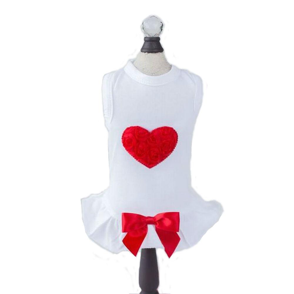 Hello Doggie Red Puff Heart Dog Dress - White
