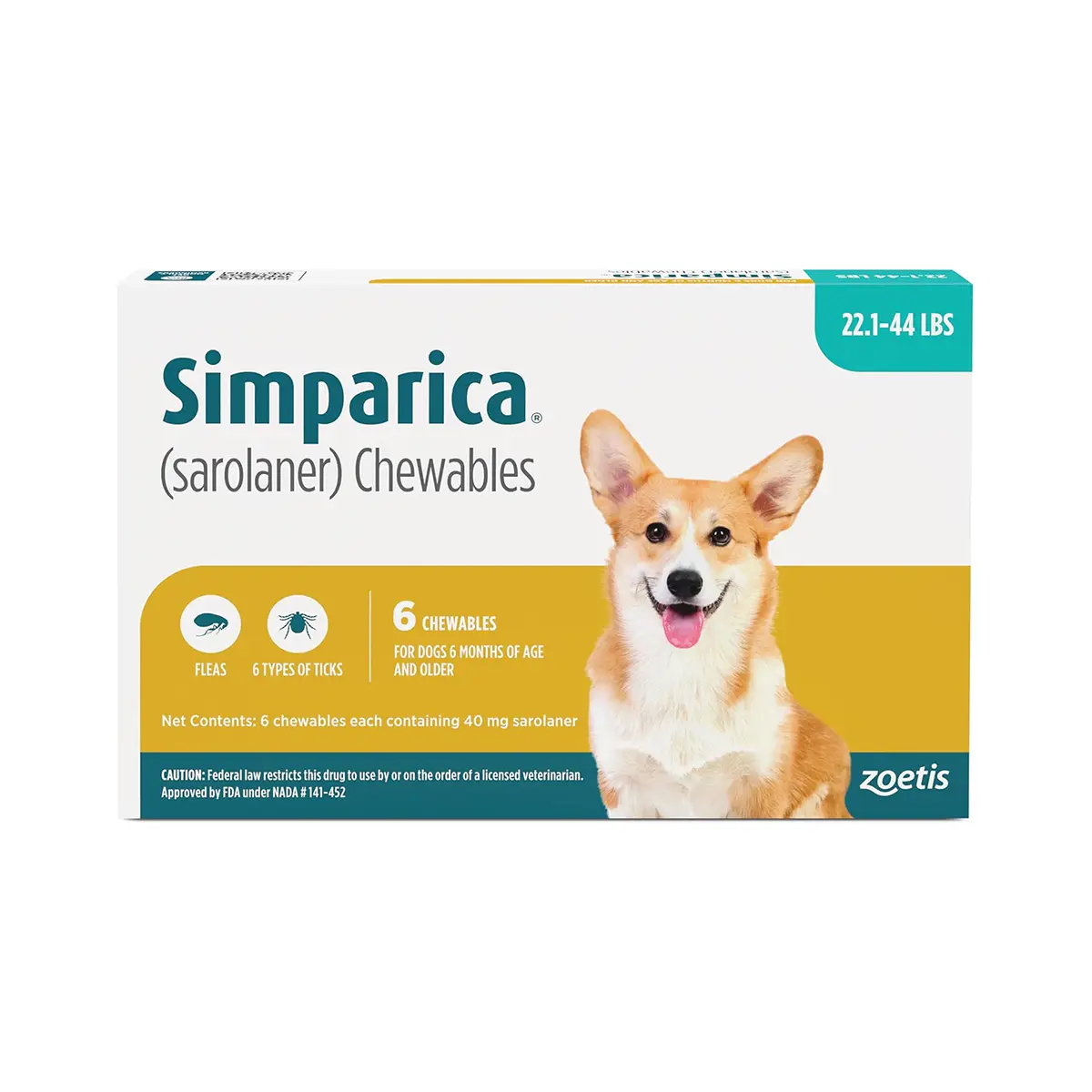 Rx Simparica (sarolaner) Chewable Tablets for Dogs - 22.1-44lbs x 6 Tablets