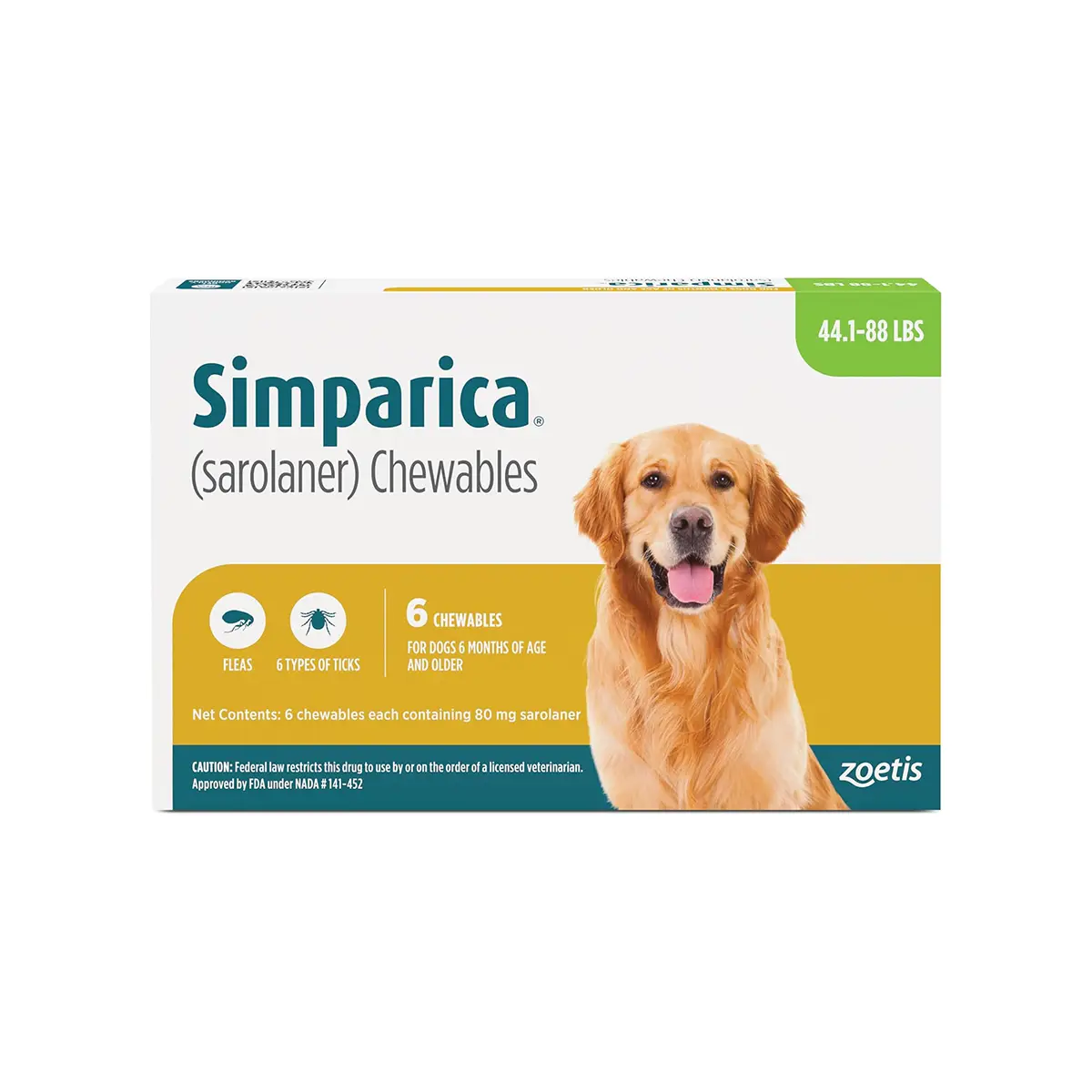 Rx Simparica (sarolaner) Chewable Tablets for Dogs - 44.1-88lbs x 6 Tablets