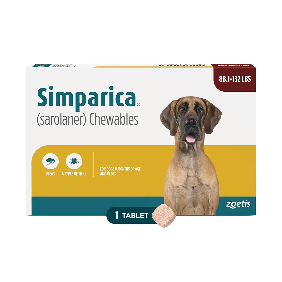 Rx Simparica (sarolaner) Chewable Tablets for Dogs - 88.1-132lbs x 1 Tablet