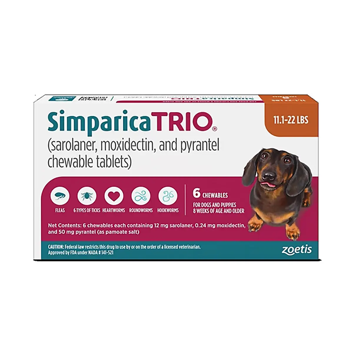 Rx Simparica Trio Chewable Tablets for Dogs - 11.1-22lbs x 6 Tablet