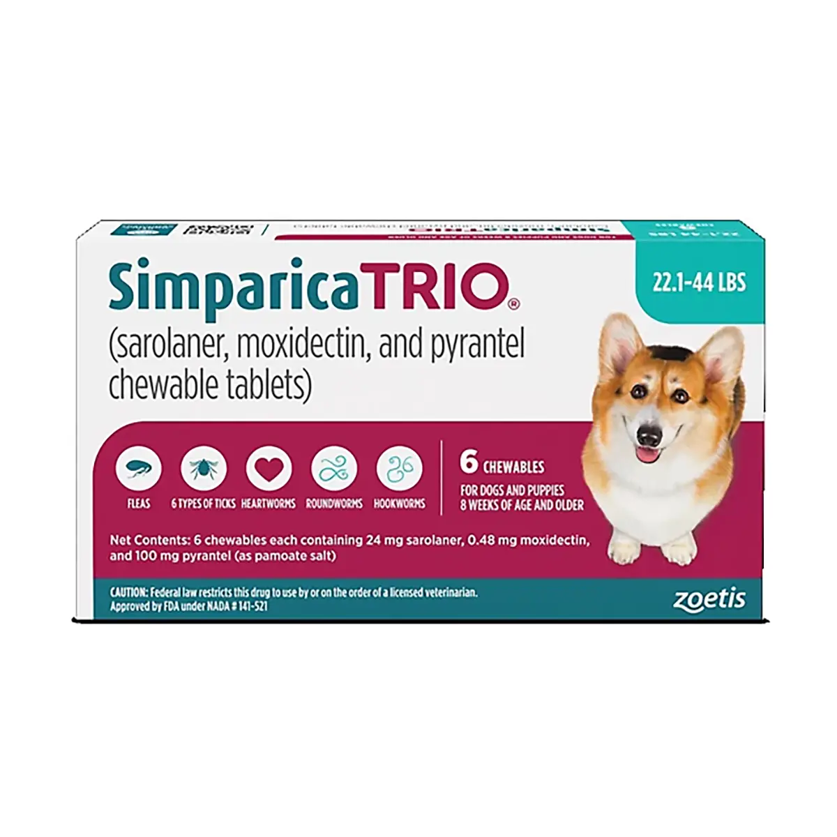 Rx Simparica Trio Chewable Tablets for Dogs - 22.1-44lbs x 6 Tablets
