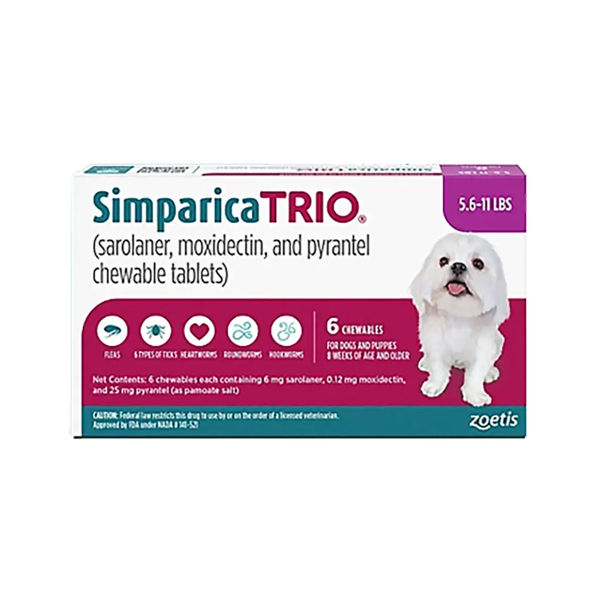 Rx Simparica Trio Chewable Tablets for Dogs - 5.6-11lbs x 6 Tablets