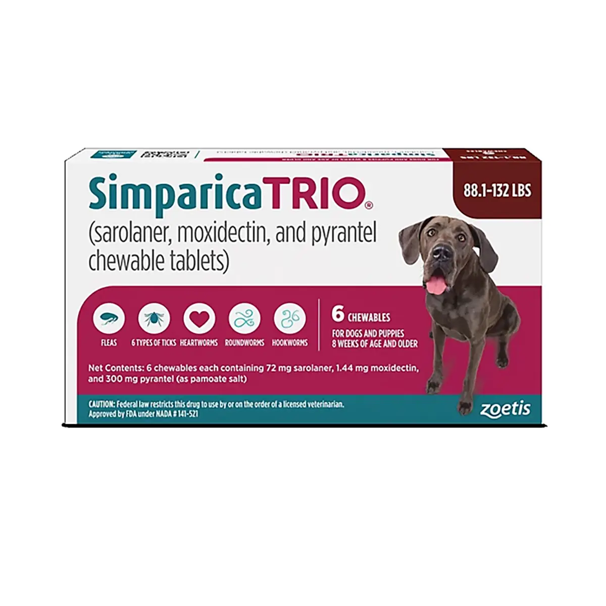 Rx Simparica Trio Chewable Tablets for Dogs - 88.1-132lbs x 6 Tablets