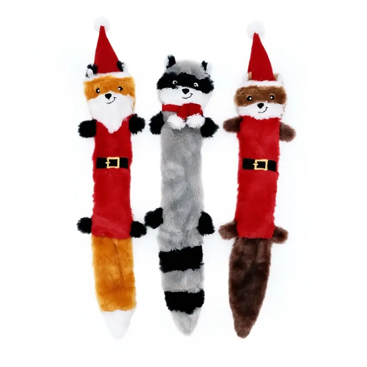ZippyPaws Holiday Skinny Peltz Dog Toys - Santa Fox, Raccoon, and Elf Squirrel