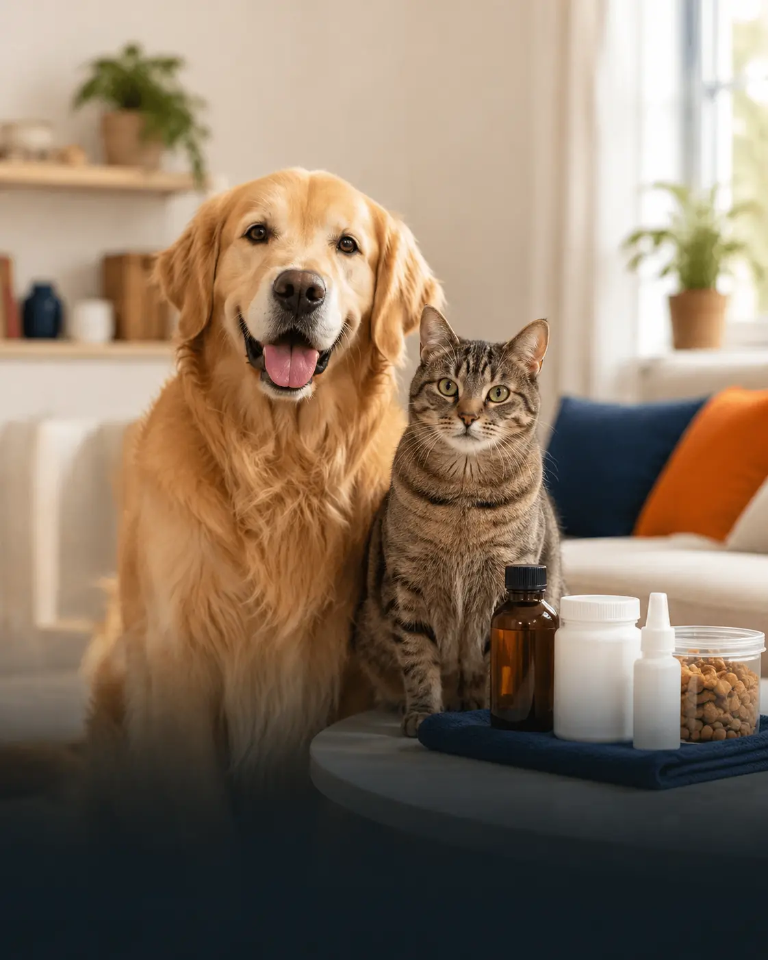 Dog and cat with over-the-counter pet wellness products